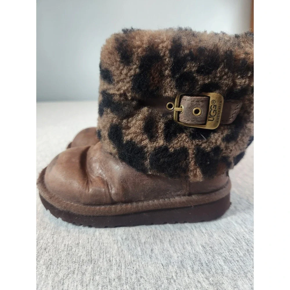 UGG Boots Kids Size 10 Brown Leopard Print Leather Buckle Winter Boots